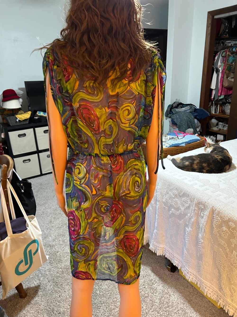 Carlos Falchi Multicolor Swirl Sheer Swim Coverup in Blue, Green, Pink - Picture 3 of 8